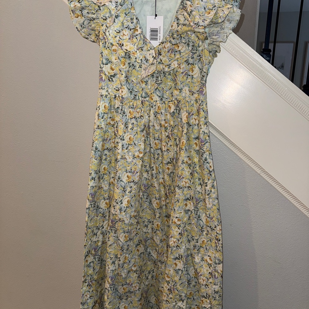 Floral Yellow Ruffle-Trim Casual Midi Dress